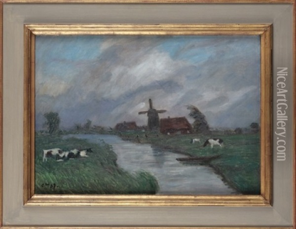 Landschaft An Der Wumme Mit Gehoft Und Windmuhle Bei Sturmischem Wetter Oil Painting - Otto Modersohn