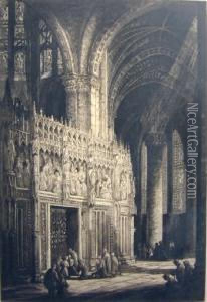 'cathedral Interior', Etching, 
62cm X 43cm, Signed In Pencil, Framed, Plus One Other Smaller Oil Painting - Andrew F. Affleck