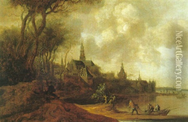 Pecheurs Aux Abords D'une Ville Fluviale Hollandaise Oil Painting - Anthony Jansz van der Croos