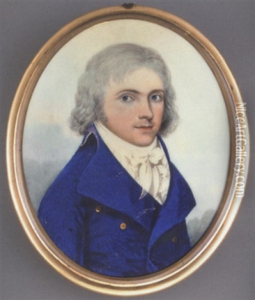 A Young Gentleman In A Blue Coat With Gold Buttons, White Waistcoat And Tied Cravat, Powdered Hair Oil Painting - Frederick Buck