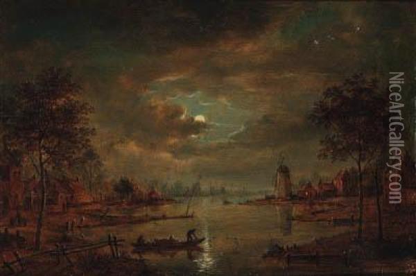 A Moonlit River Landscape With Figures In A Boat, A Windmillbeyond Oil Painting - Aert van der Neer
