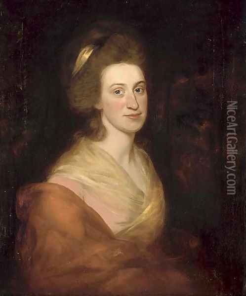 Portrait of a lady, bust-length, in a pink dress and red wrap Oil Painting - George Romney