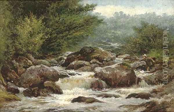 An angler on the rocks of Dulyn Oil Painting - Henry Measham