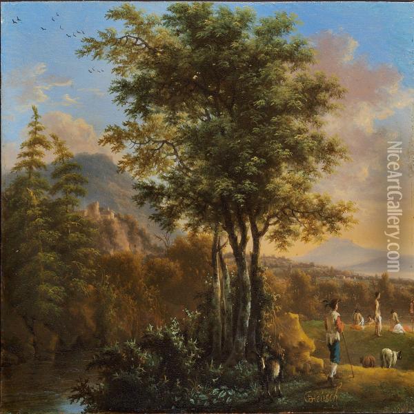 Pastoral With Goat Shepherds And Bathers At A River Oil Painting - Willem de Heusch