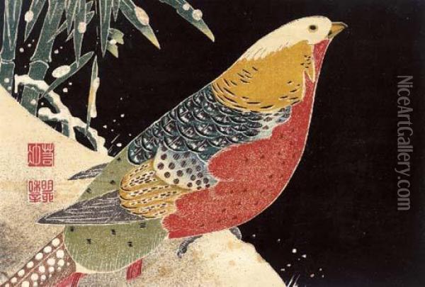 Golden Pheasant And Snow-covered Bamboo Oil Painting - Ito Jakuchu