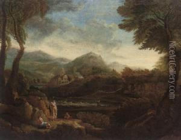 A Wooded River Landscape With Bathers In The Foreground, Mountains Beyond Oil Painting - George Lambert