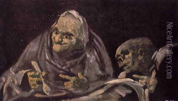 Two Old Women Eating from a Bowl Oil Painting - Francisco De Goya y Lucientes