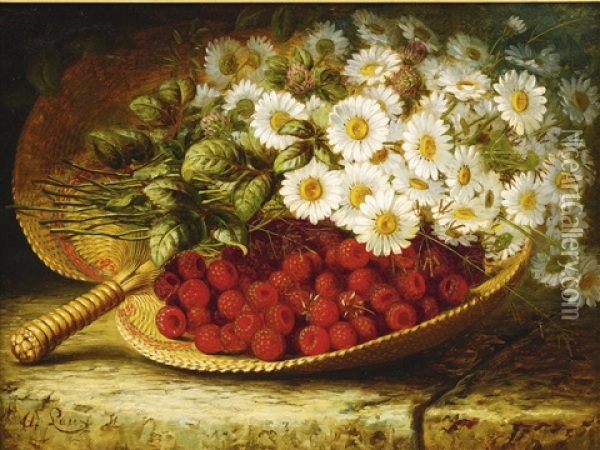 Still Life With Daises And Raspberries On A Ledge Oil Painting - August Laux