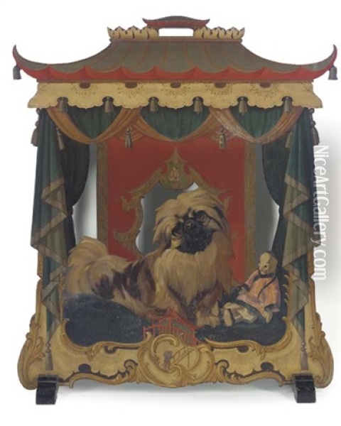 A Chinoiserie Fire Screen With A Pekingese Oil Painting - A. Duncan Carse