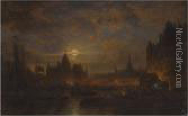 Amsterdam By Moonlight Oil Painting - Alexei Petrovitch Bogoliubov