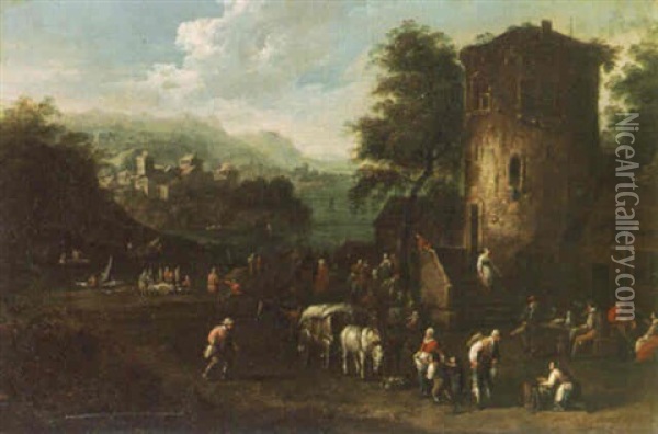 A Coastal Landscape With Peasants Selling Their Wares Outside An Inn Oil Painting - Peeter van Bredael