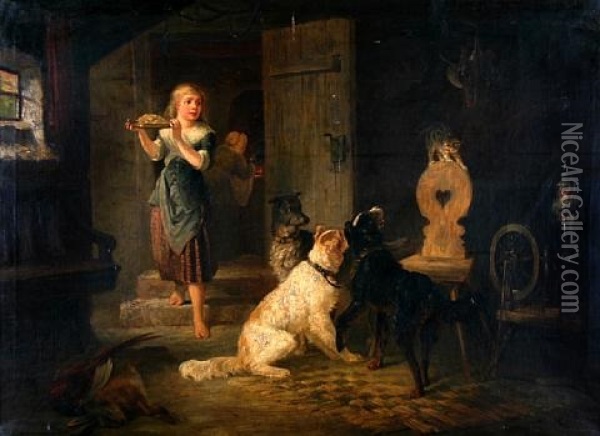 Dogs And Cat In A Game Larder Oil Painting - Marie Goerlich