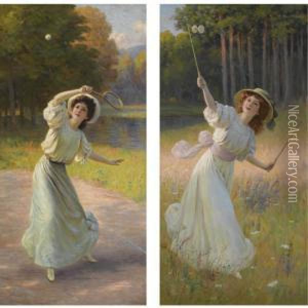 Ladies At Play: A Pair Oil Painting - Leopold-Francois Kowalsky