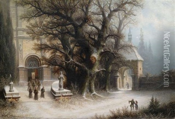 Prozession An Einer Verschneiten Klosteranlage Oil Painting - Albert Bredow