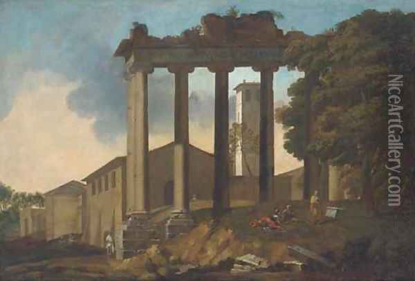 The Temple of Concorde, Rome, with classical figures in the foreground Oil Painting - Gaspard Dughet