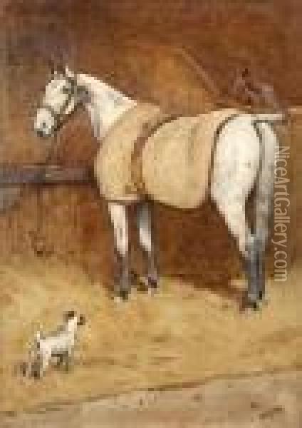 Horse And Terrier In A Stable Interior Oil Painting - Cecil Charles Aldin