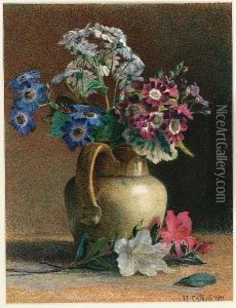 Carafe With Calceolaria And Azaleas Oil Painting - Hector Caffieri