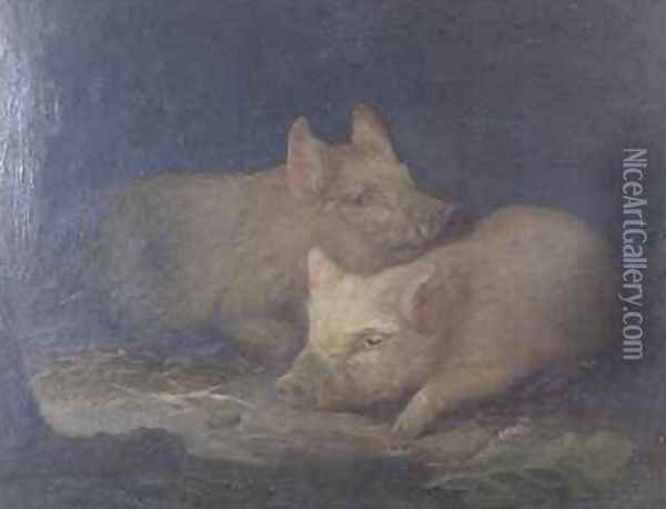 Two Prize Pigs in an Interior Oil Painting - John Rabone Harvey