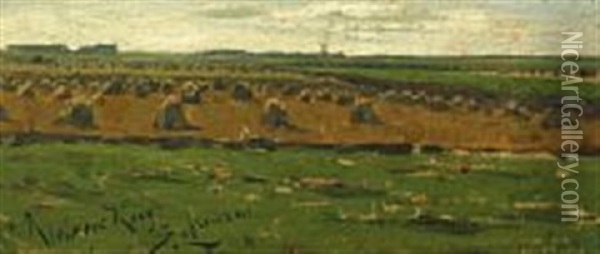 Landscape With Haystacks In Kleiseerkoog Oil Painting - Hans Peter Feddersen the Younger