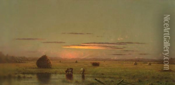 Cattle In The Marsh, Near A Fence Oil Painting - Martin Johnson Heade