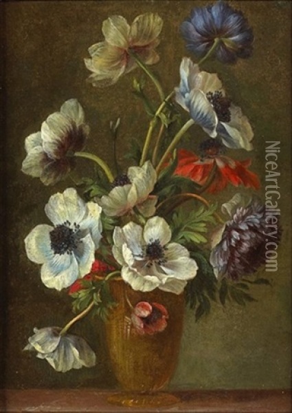 Nature Morte Au Vase D'anemones Sur Un Entablement Oil Painting - Michel Nicolas Micheux
