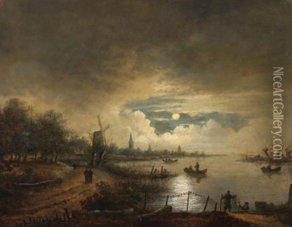 Landscape By Nightbeneath A 
Heavily Clouded Sky And Full Moon. On The Right A Riverscene With 
Fishermen, On The Left A Town And A Windmill Oil Painting - Aert van der Neer