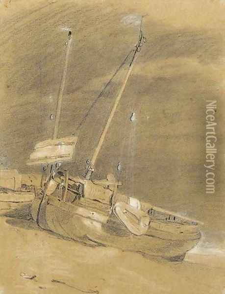 A beached fishing vessel at low tide Oil Painting - William Mulready