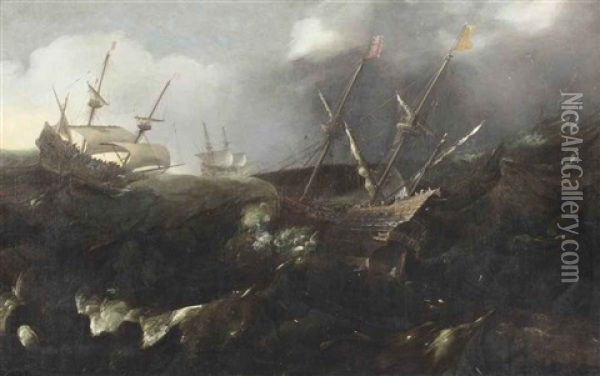 Men-of-war In A Storm Oil Painting - Andries Van Eertvelt