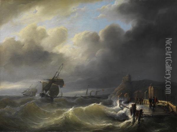 Segelschiffe In Einer Sturmflut Vor Der Kuste Oil Painting - Christiaan Cornelis Kannemans