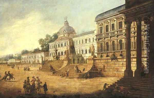 An architectural capriccio of classical buildings with horsemen and other figures Oil Painting - Francesco Battaglioli