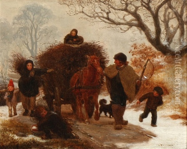 Winter Scene With A Family, And A Horsedrawn Carriage Loaded With Firewood Oil Painting - Lorenz Frolich
