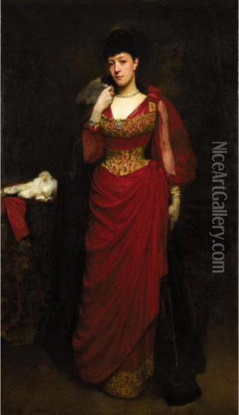 Portrait Of A Lady In A Red Dress With A Shawl, By Tradition Bessie Burton Oil Painting - William Logsdail