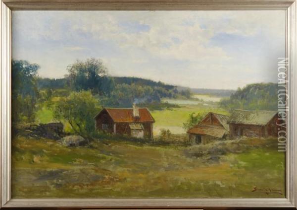 Gardsmotiv I Sommarlandskap Oil Painting - Severin Nilson
