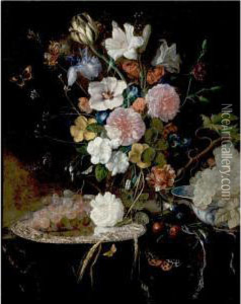 Still Life Of Roses, Lilies, Tulips, An Iris And Other Flowers Resting On A Table, With A Bunch Of Grapes On A Silver Platter And Another Bunch Of Grapes In A Blue And White Porcelain Bowl Oil Painting - Pieter Van Den Bosch