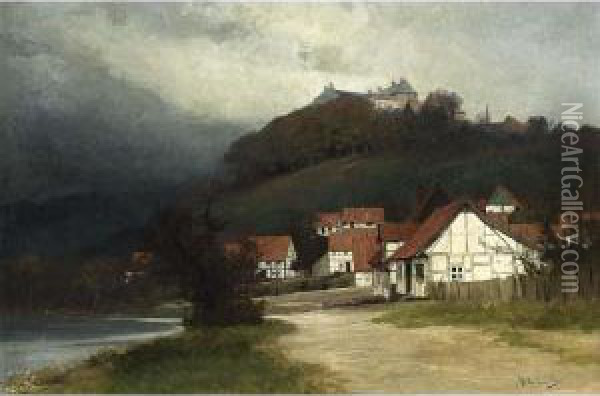 Red Roofed White Houses In A Mountainous Landscape. Oil Painting - Georg Bernhard Muller Vom Siel