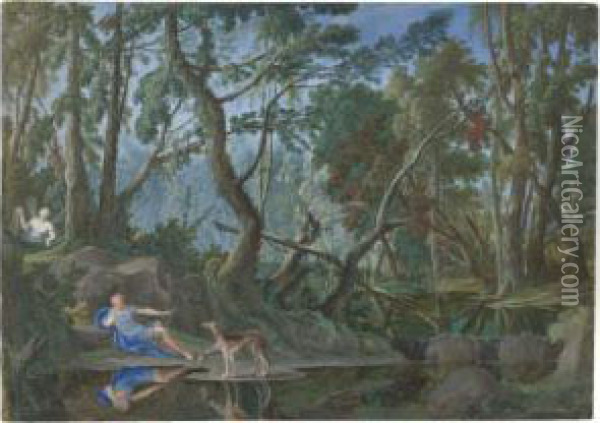 A Wooded Landscape With Narcissus And Echo Oil Painting - Pierre-Antoine Patel