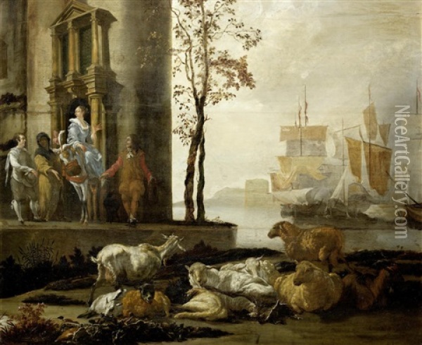 Elegant Figures Before Ships And Livestock Oil Painting - Adam de Colonia