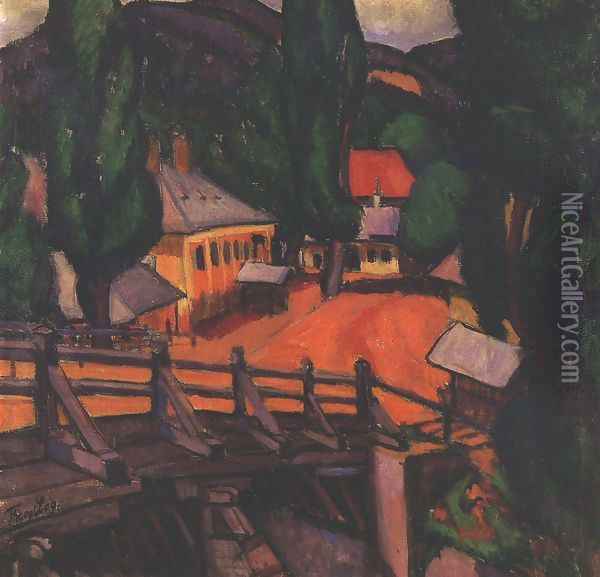 Landscape with Bridge 1909 Oil Painting - Lajos Tihanyi