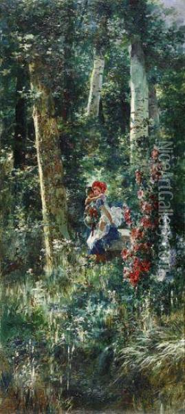 Un Jardin Con Dos Ninas. Oil Painting - Jose Armet Y Portanell