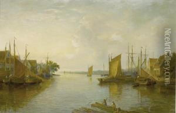 A View Of The Yare From Yarmouth Bridge Oil Painting - John Moore Of Ipswich