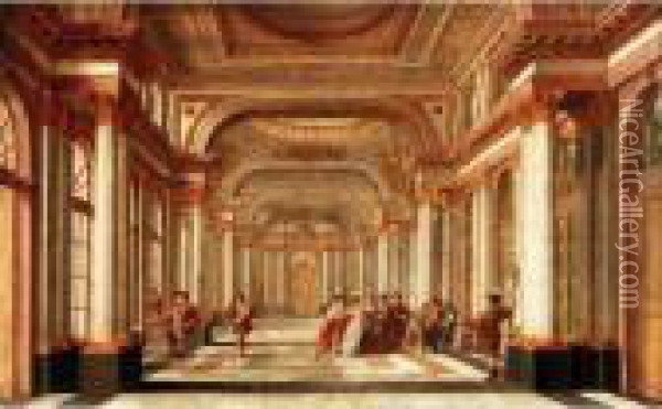 An Architectural Capriccio With An Elegant Company Admiring Sculptures Oil Painting - Christian Stocklin