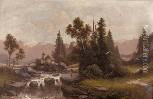 Alpine Landschaft Mit Hausern Am Bach Oil Painting - Julius Zopf