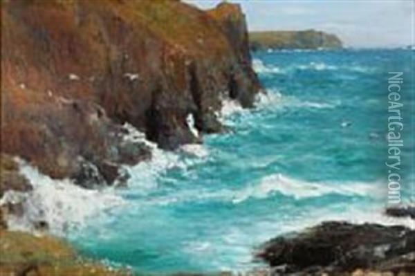 View From The Rocky Coast Of Kynance Cove, England Oil Painting - John Macallan Swan