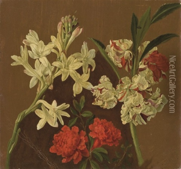 Jacinthe Blanche, Oeillets D'inde Rouges Et Autres Fleurs (+ Esquisse De Bouquets De Fleurs; Verso) Oil Painting - Pancrace Bessa