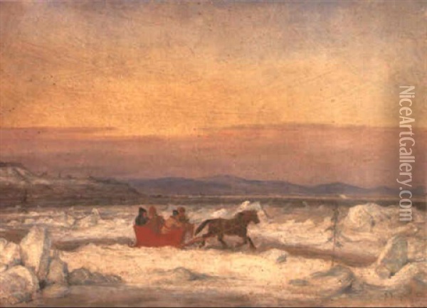 French Canadians Crossing The Frozen St. Lawrence, Citadel Of Quebec Beyon Oil Painting - Cornelius David Krieghoff