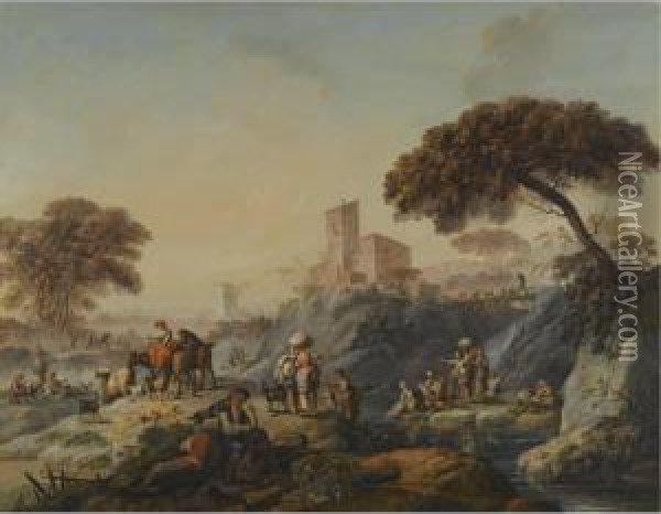 A Southern Landscape With Figures Beside A Stream Oil Painting - Joaquim Marques