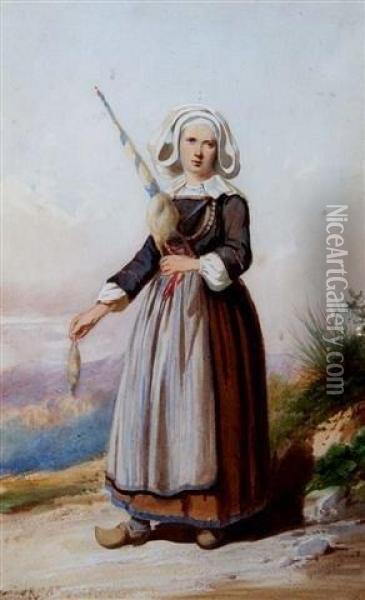 Brittany Peasant Girl Oil Painting - Georg Koberwein