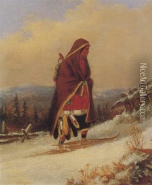 Moccasin Seller Crossing The Snow Oil Painting - Cornelius David Krieghoff