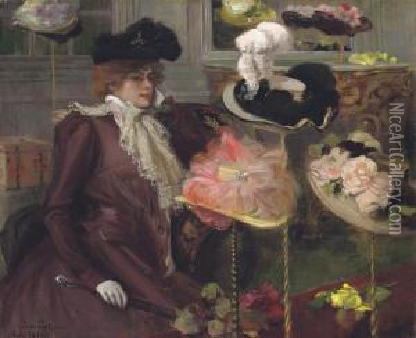 At The Milliner's Oil Painting - Pierre Georges Jeanniot