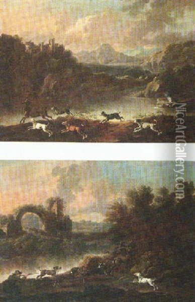 River Landscape With A Huntsman And Hounds Hunting Stags, A Set Of Ruins Beyond Oil Painting - Cajetan Roos
